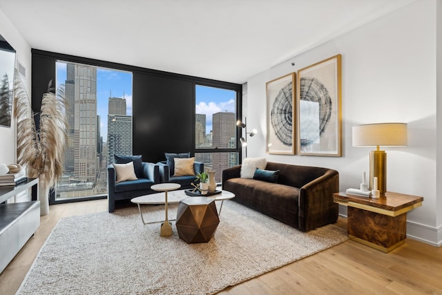 living room with expansive windows, a skyline view, and wood finished floors