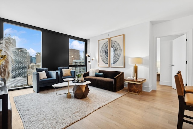 living area featuring wood finished floors, expansive windows, a skyline view, and baseboards
