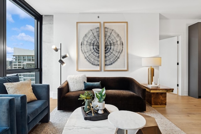 living area with wood finished floors and floor to ceiling windows