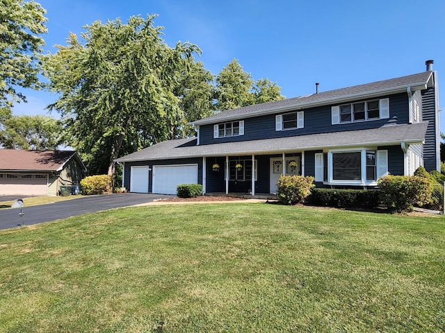 traditional-style home with a garage, covered porch, a front lawn, and aphalt driveway