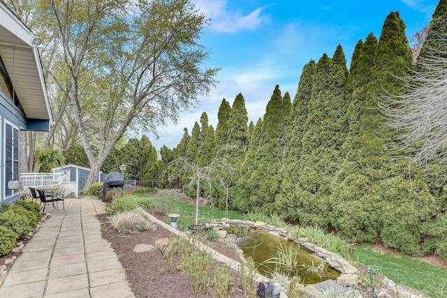view of yard with a storage unit, a garden pond, and an outbuilding