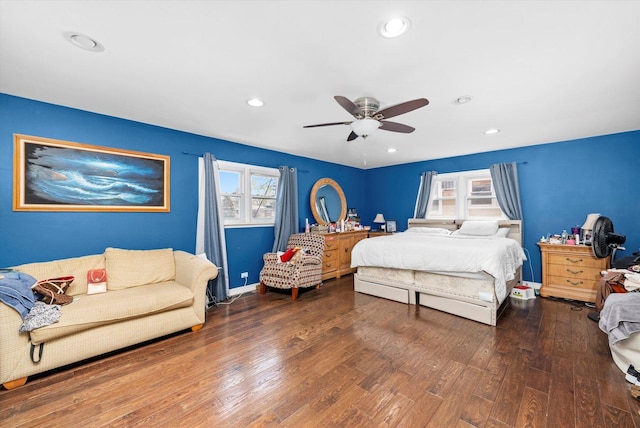 bedroom with recessed lighting, a ceiling fan, baseboards, and hardwood / wood-style floors