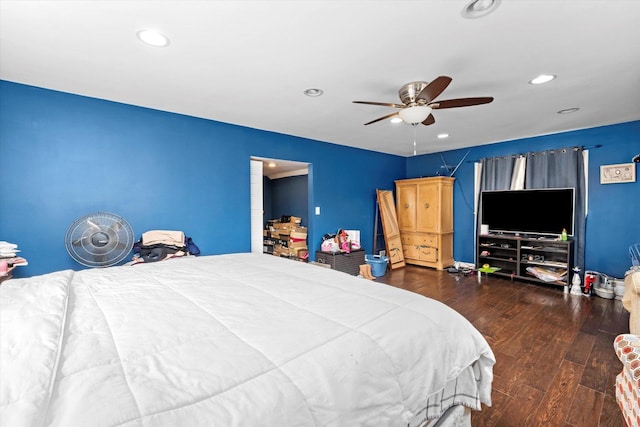 bedroom with ceiling fan, recessed lighting, and wood finished floors