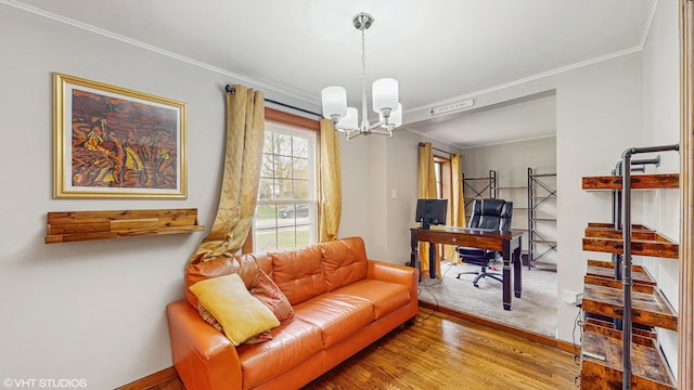 home office with an inviting chandelier, baseboards, crown molding, and wood finished floors