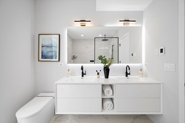 2248 W N Ave Unit 2, Chicago, IL 60647 - bathroom featuring a sink, walk in shower, double vanity, and marble finish floor