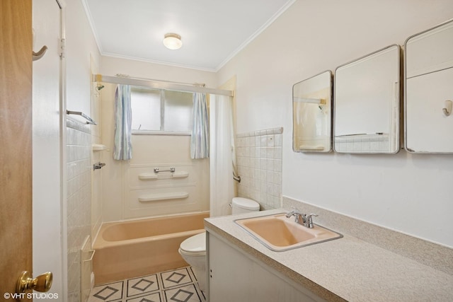 full bath with toilet, crown molding, shower / bathtub combination, vanity, and tile patterned floors