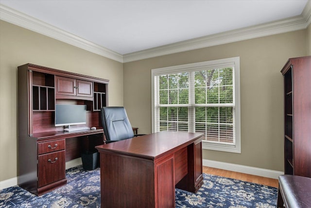 office with crown molding, baseboards, and wood finished floors