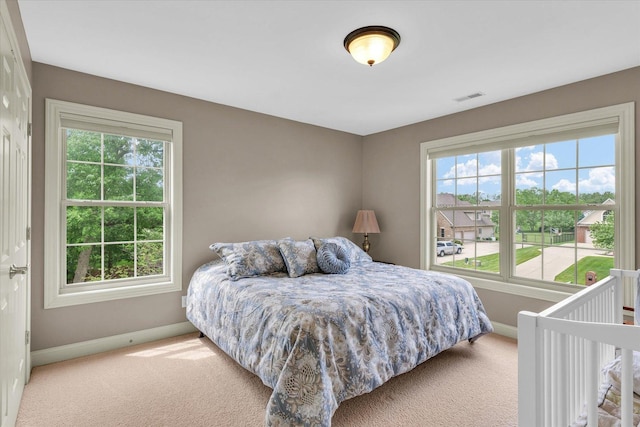 bedroom featuring baseboards, carpet floors, and multiple windows
