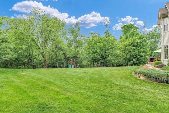view of grassy yard with a playground