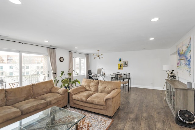 900 Center St Unit 2I, Des Plaines, IL 60016 - living room featuring recessed lighting, baseboards, dark wood-style flooring, and a chandelier