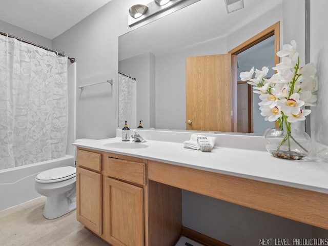 full bath with vanity, shower / tub combo, toilet, and visible vents