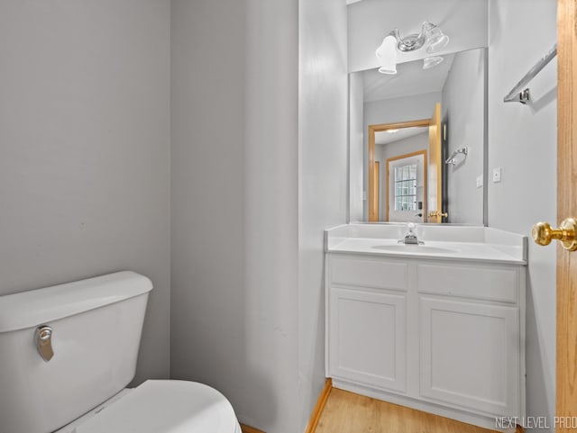 bathroom with vanity, wood finished floors, and toilet