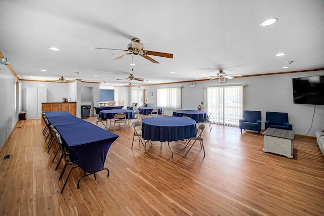 713 Arbury Ct, Romeoville, IL 60446 - dining room with recessed lighting, crown molding, light wood-style floors, and ceiling fan