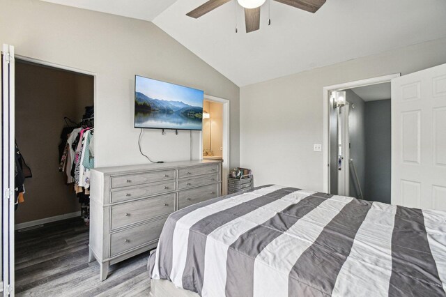 bedroom featuring a ceiling fan, a closet, lofted ceiling, a spacious closet, and light wood-style flooring