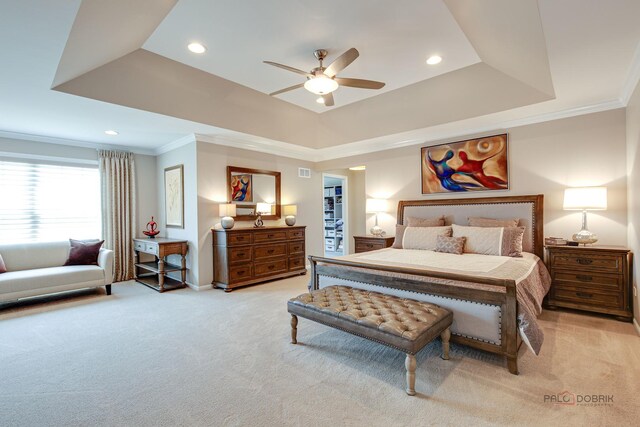 2550 Bayswater Cir, Gurnee, IL 60031 - bedroom with ornamental molding, light carpet, a raised ceiling, recessed lighting, and baseboards