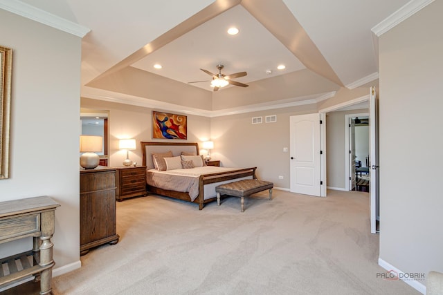2550 Bayswater Cir, Gurnee, IL 60031 - bedroom featuring light carpet, recessed lighting, crown molding, a tray ceiling, and baseboards