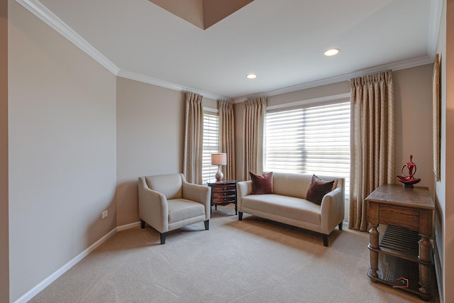 2550 Bayswater Cir, Gurnee, IL 60031 - living area featuring ornamental molding, light carpet, baseboards, and recessed lighting