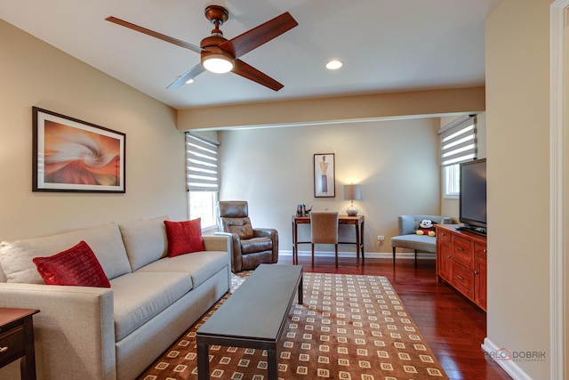2550 Bayswater Cir, Gurnee, IL 60031 - living area featuring ceiling fan, dark wood-type flooring, recessed lighting, baseboards, and an office area
