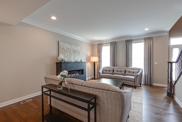 2550 Bayswater Cir, Gurnee, IL 60031 - living area with plenty of natural light, baseboards, a glass covered fireplace, dark wood-style floors, and crown molding