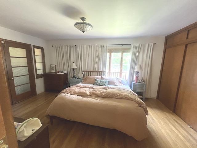 bedroom featuring light wood-style floors and a closet