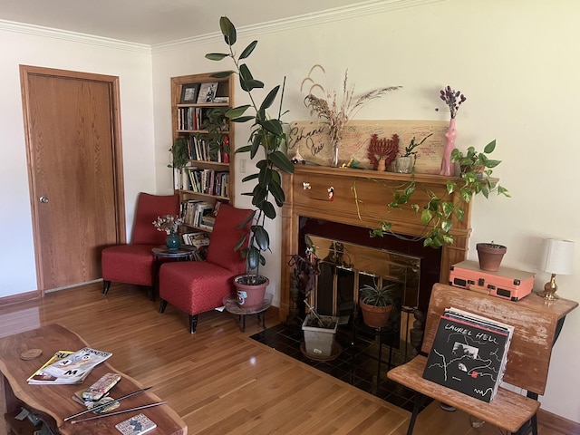 living area with wood finished floors, a fireplace with flush hearth, and ornamental molding