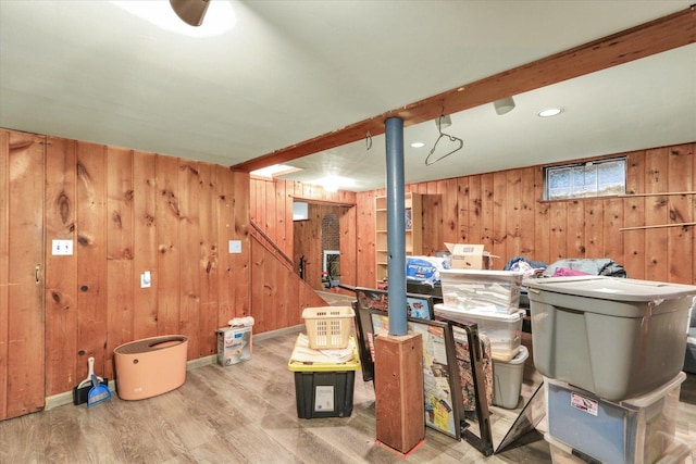 902 W William St, Champaign, IL 61821 - basement featuring wooden walls, wood finished floors, and recessed lighting