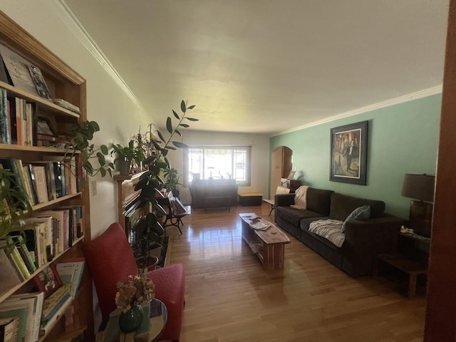 living room featuring wood finished floors, ornamental molding, and arched walkways