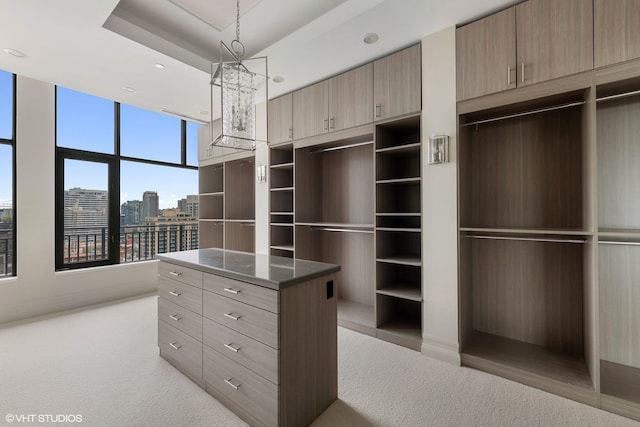400 W Ontario St Unit 1801, Chicago, IL 60654 - walk in closet with light carpet, a chandelier, and a tray ceiling