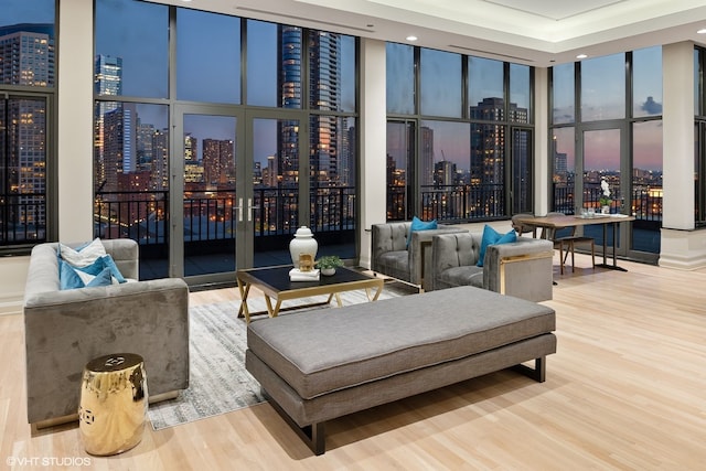 400 W Ontario St Unit 1801, Chicago, IL 60654 - building lobby with a skyline view, a towering ceiling, a wall of windows, and recessed lighting