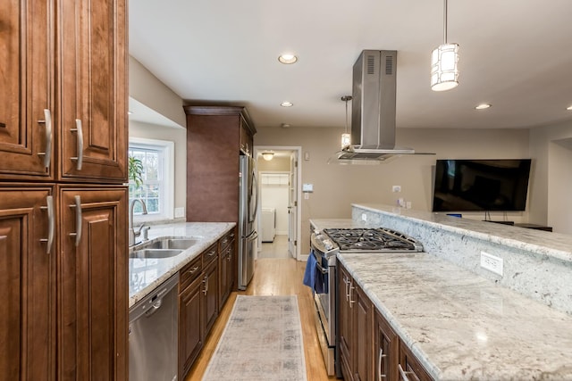 6700 N Monticello Ave, Lincolnwood, IL 60712 - kitchen with appliances with stainless steel finishes, light stone counters, a sink, light wood finished floors, and island exhaust hood