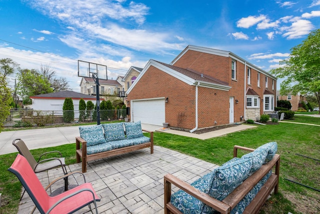 6700 N Monticello Ave, Lincolnwood, IL 60712 - exterior space featuring fence, brick siding, an outdoor hangout area, a lawn, and driveway