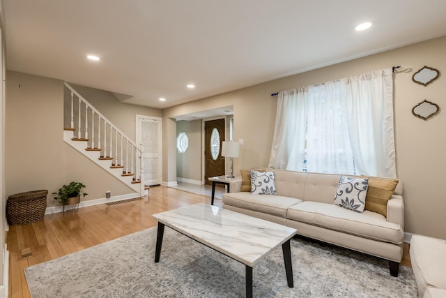 6700 N Monticello Ave, Lincolnwood, IL 60712 - living room featuring recessed lighting, baseboards, stairway, and light wood-type flooring