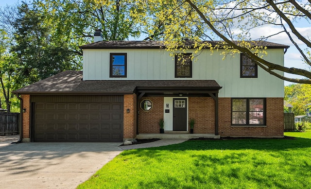 view of front facade featuring driveway, brick siding, a chimney, and an attached garage