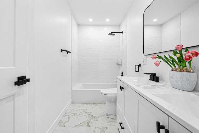 full bath with marble finish flooring, recessed lighting, baseboards, toilet, and double vanity
