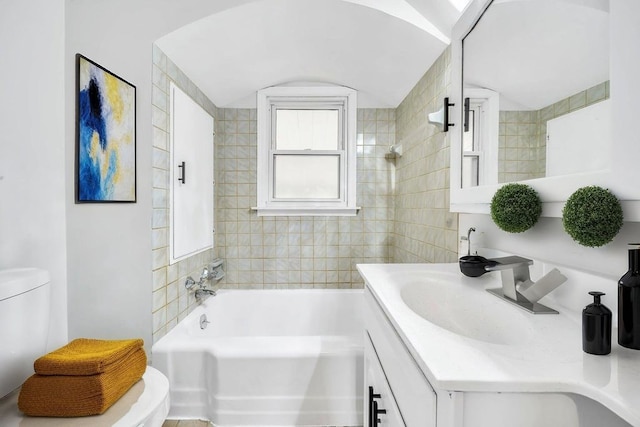 12540 S Tripp Ave, Alsip, IL 60803 - bathroom featuring a bathtub, toilet, vaulted ceiling, vanity, and a shower