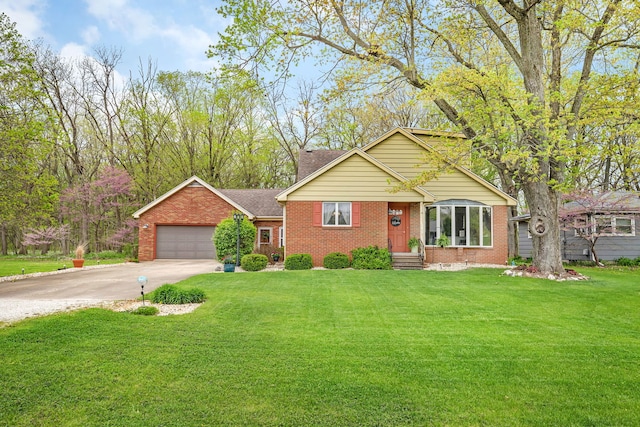 ranch-style house featuring concrete driveway, brick siding, a front lawn, and a garage