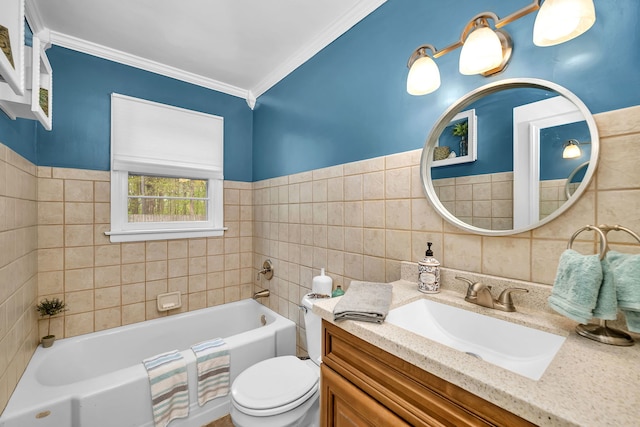full bath featuring tile walls, toilet, a tub to relax in, vanity, and ornamental molding
