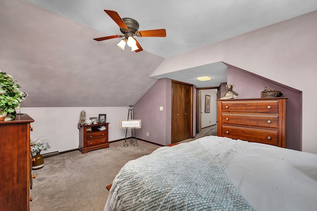 bedroom featuring ceiling fan, lofted ceiling, carpet flooring, and baseboards