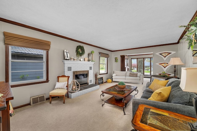 carpeted living area featuring ornamental molding, a brick fireplace, baseboards, and visible vents