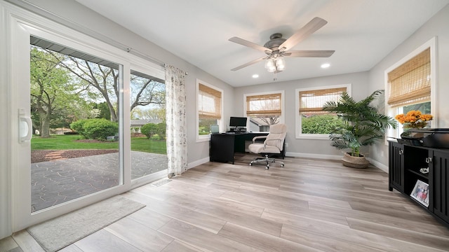 home office with light wood-style flooring, baseboards, ceiling fan, and recessed lighting