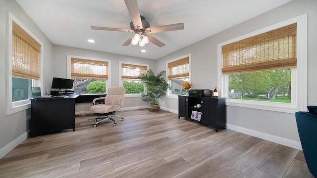 home office featuring ceiling fan, recessed lighting, baseboards, and light wood-style floors