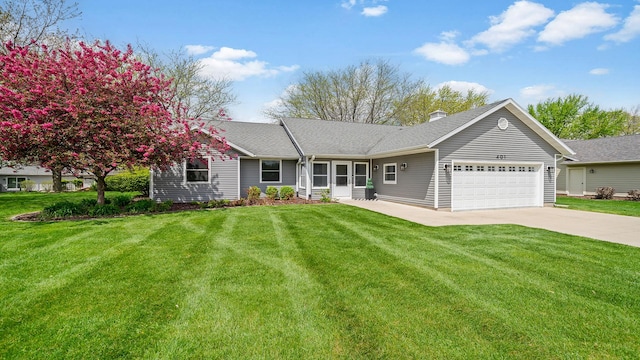 single story home featuring concrete driveway, a garage, a front yard, a chimney, and a shingled roof