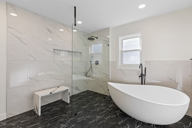 617 Sara Ln, Naperville, IL 60565 - bathroom featuring marble finish floor, tile walls, recessed lighting, a soaking tub, and a marble finish shower