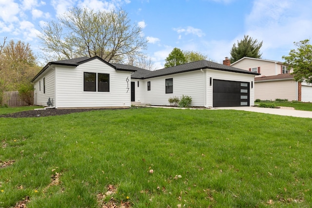 617 Sara Ln, Naperville, IL 60565 - ranch-style home with driveway, fence, a front lawn, an attached garage, and a shingled roof