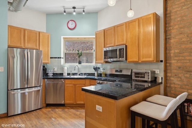 kitchen with a peninsula, light wood finished floors, a sink, a toaster, and stainless steel appliances