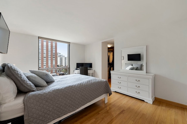 bedroom with baseboards, a closet, wood finished floors, and a spacious closet