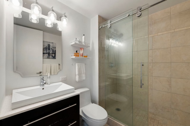 bathroom with vanity, a stall shower, and toilet