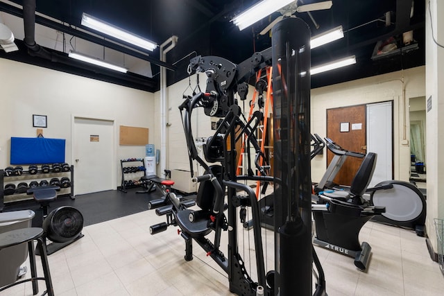 workout area featuring a high ceiling