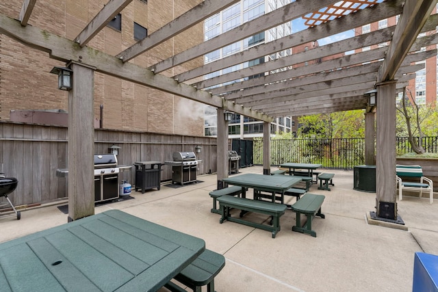 view of patio / terrace with outdoor dining area, a fenced backyard, a pergola, and a grill