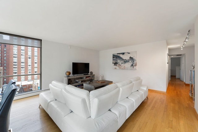 living room with track lighting, light wood finished floors, and baseboards